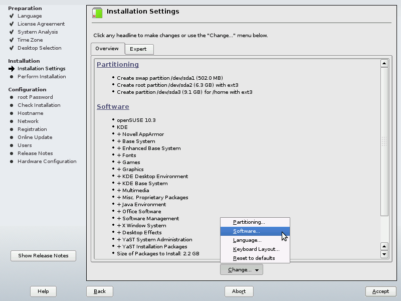 YaST installation change Pattern choice screen shot