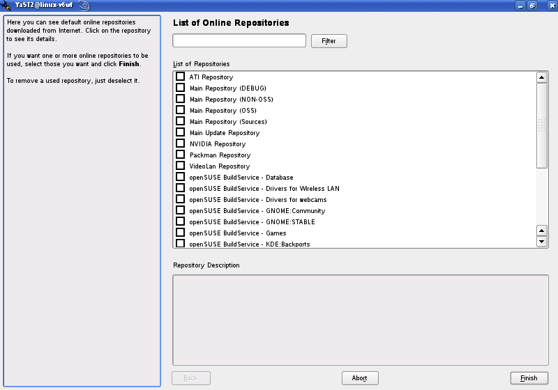 A screen shot of selecting a community repository in YaST