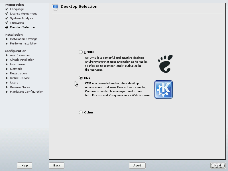 YaST installation Desktop Selection screen shot