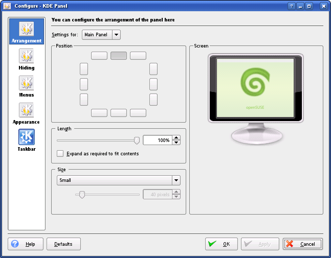 A screen shot of the Main Panel arrangement settings