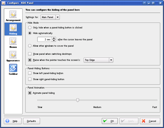 A screen shot of the Main Panel hiding settings