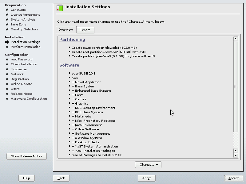 YaST installation Pattern choice screen shot