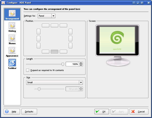 A screen shot of the Panel arrangement settings