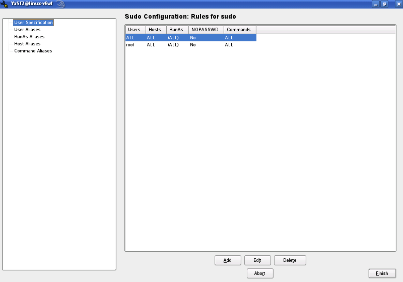 A screen shot of the YaST Sudo dialog