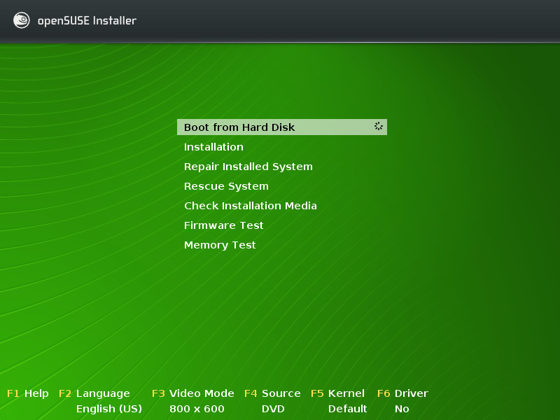 Installation DVD boot loader screen shot