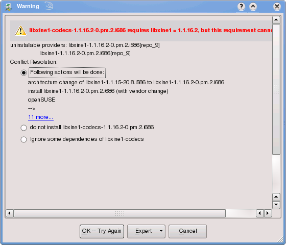 The libxine1-codecs dependency error screen shot