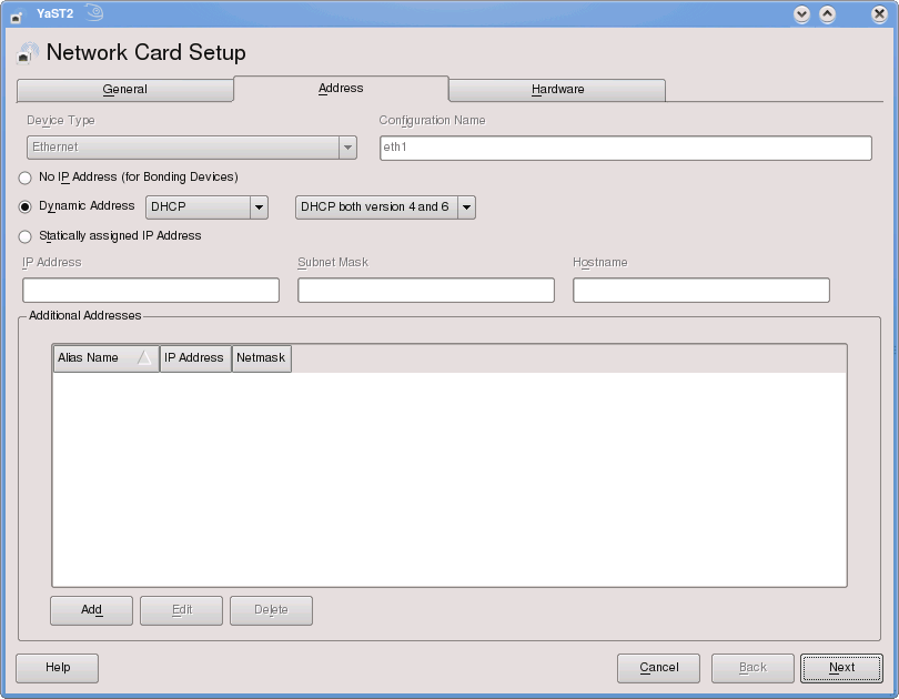 YaST Network Settings Configuration dialog screen shot