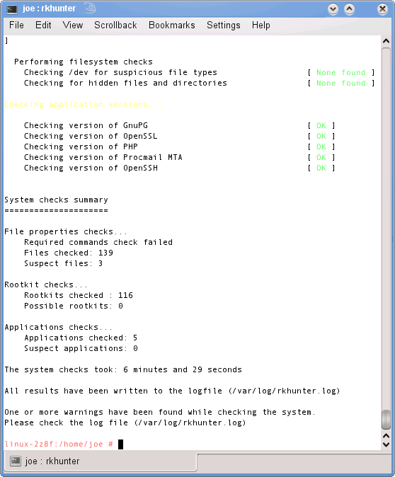 Some sample output from rkhunter screen shot