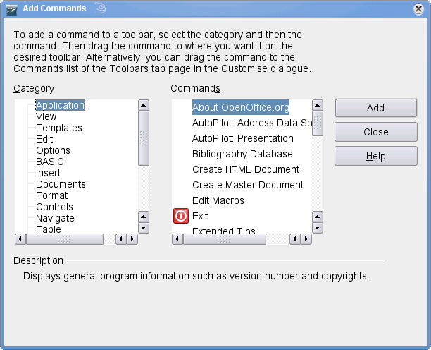 Configuring a new toolbar in Writer screen shot