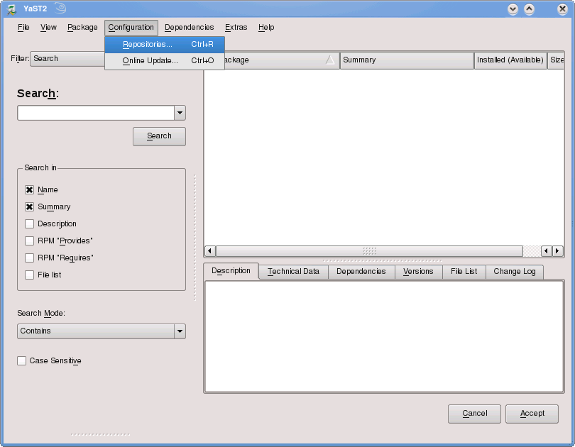 YaST Configure Repositories menu screen shot