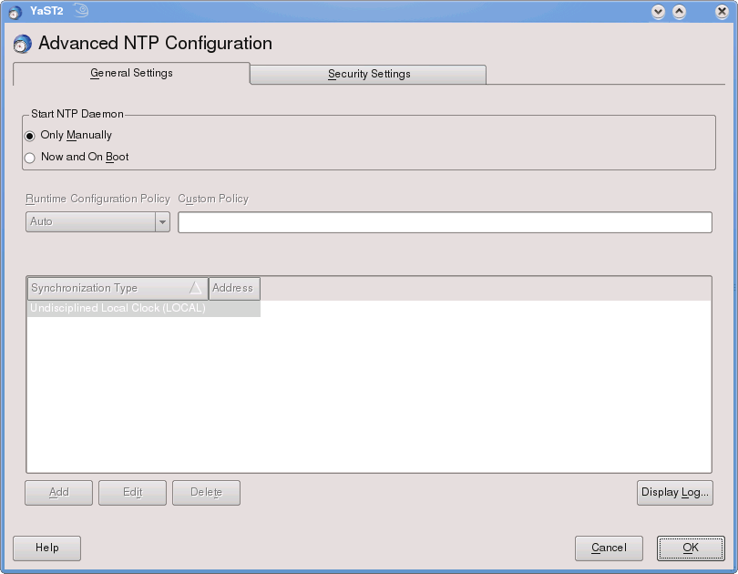 NTP settings dialog in YaST screen shot