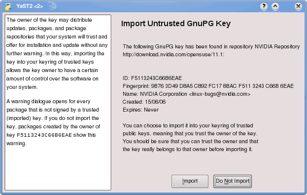 Accepting a repository key in YaST screen shot